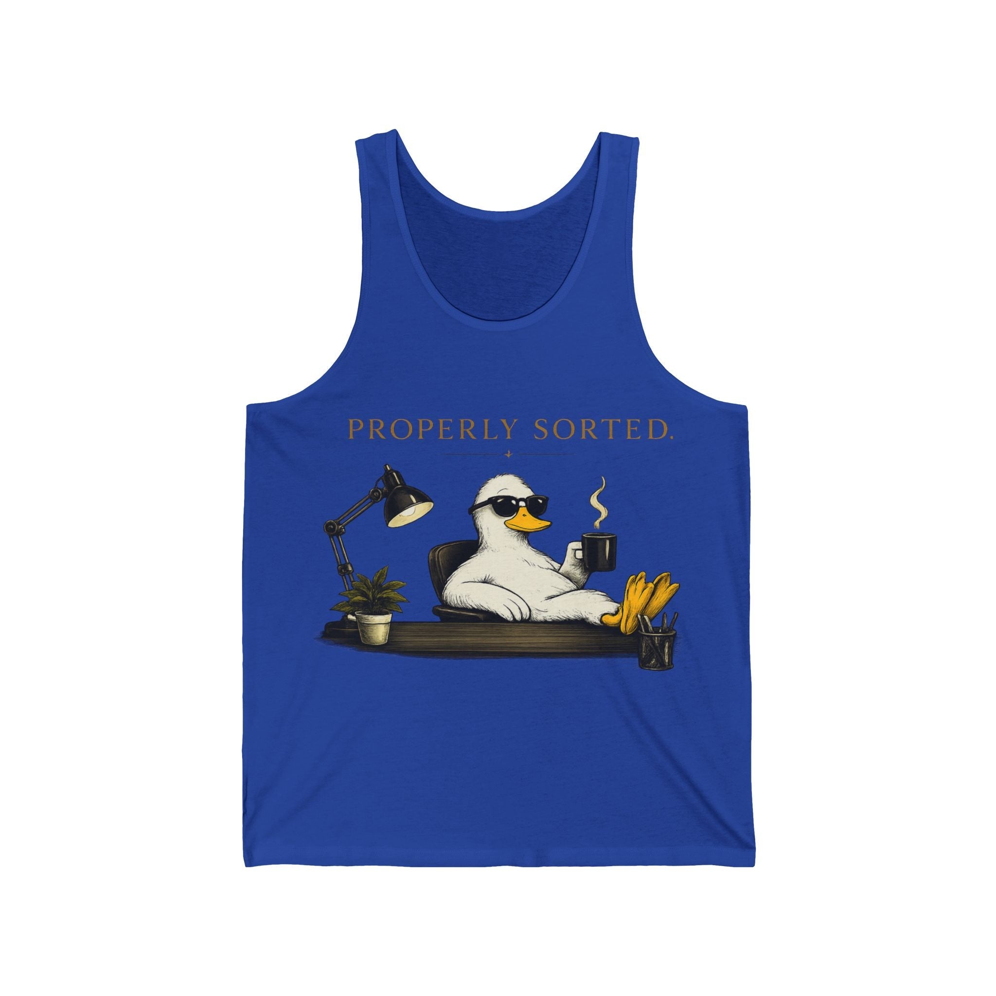Funny Duck Tank Top — "Properly Sorted" / "Allegedly" Casual Graphic Tank Printify