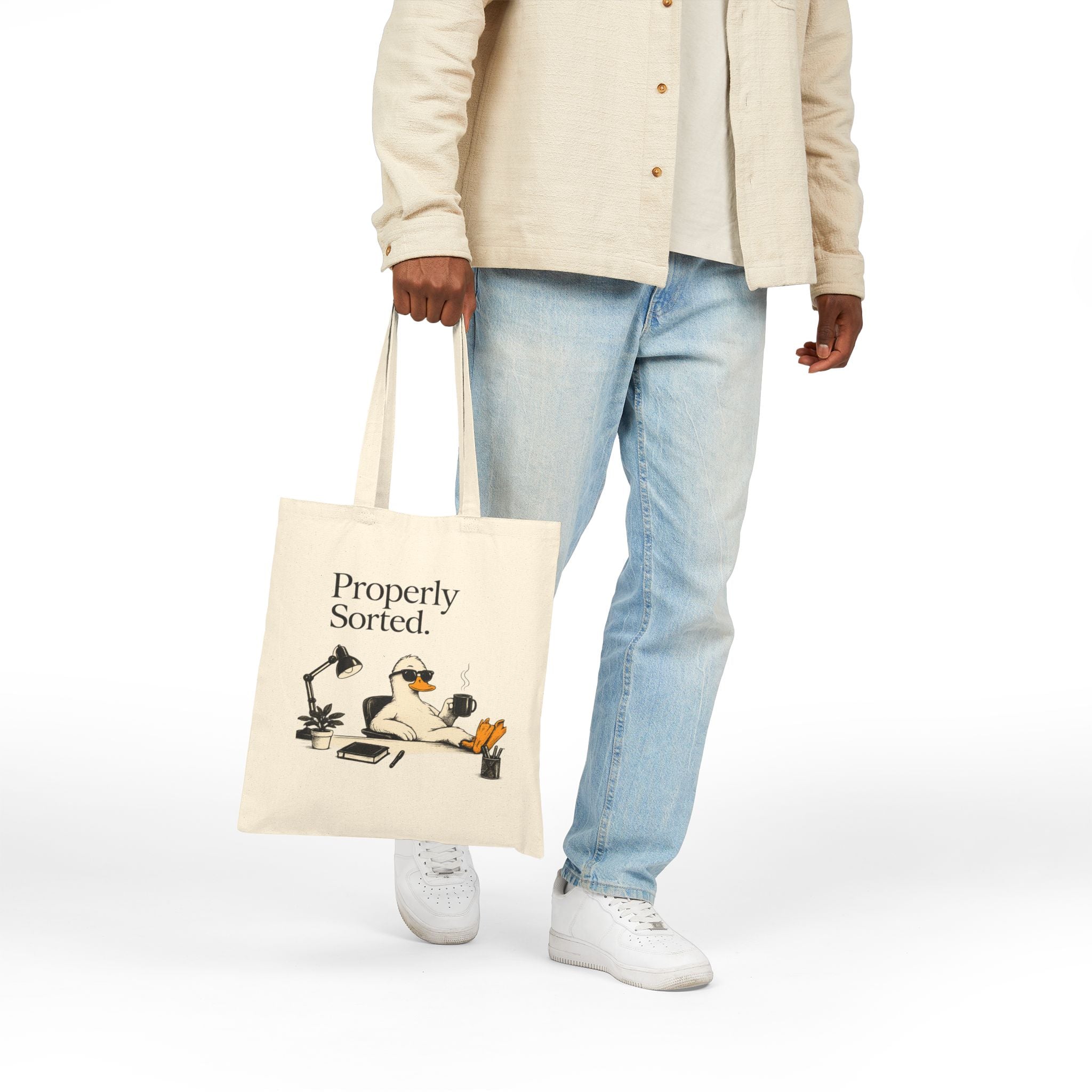 Canvas Tote Bag — "Properly Sorted." / "Allegedly." Desk Sloth Illustration
