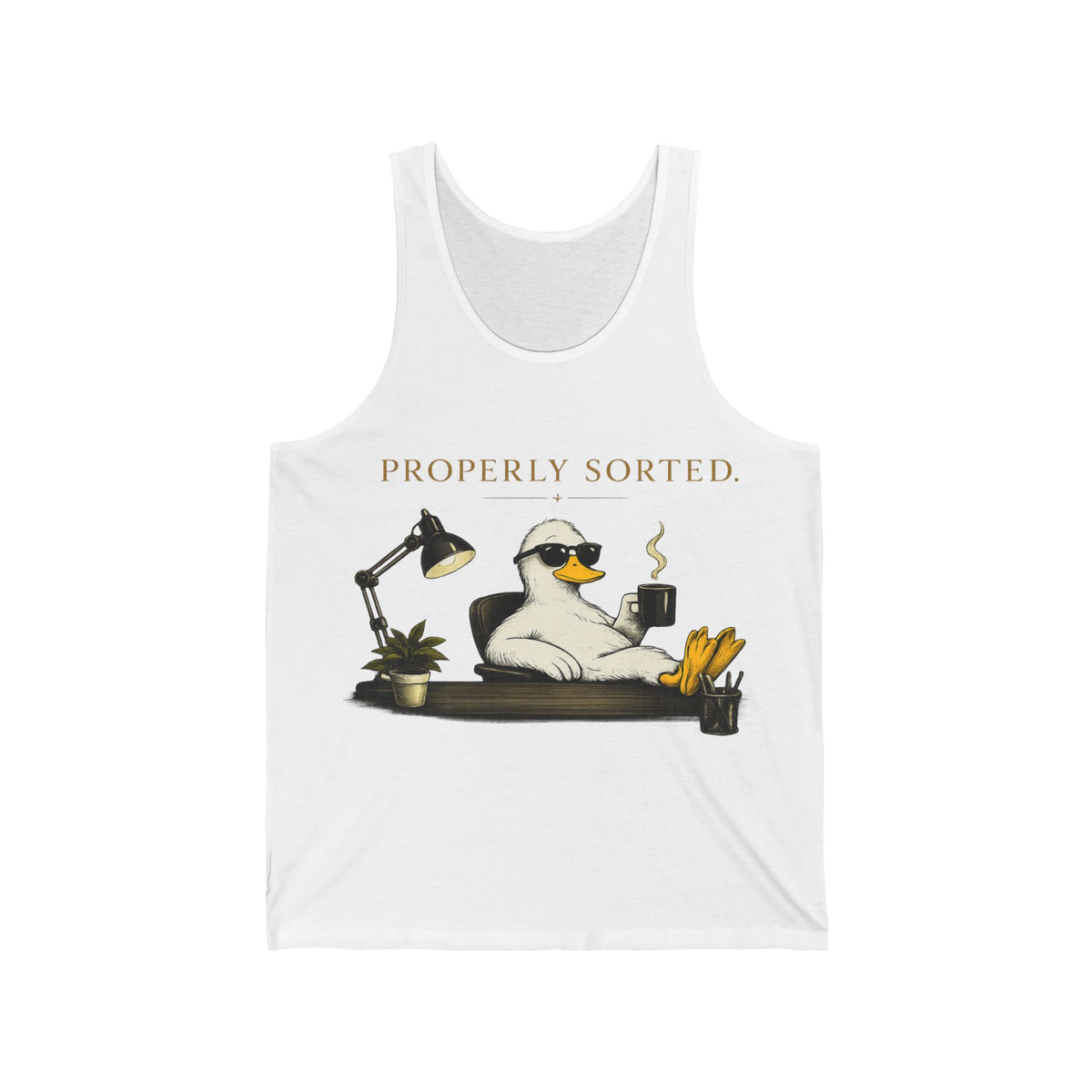 Funny Duck Tank Top — "Properly Sorted" / "Allegedly" Casual Graphic Tank Printify