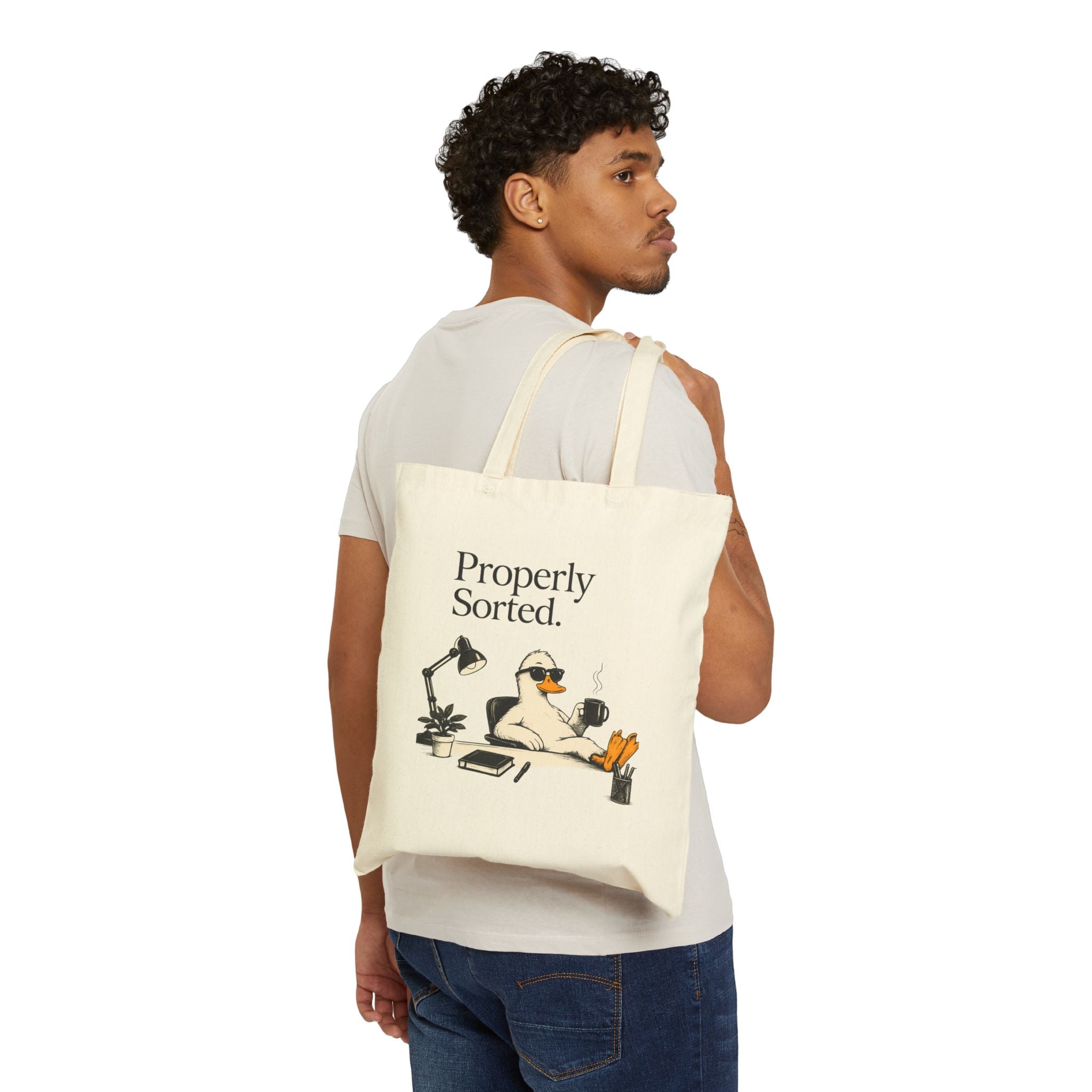 Canvas Tote Bag — "Properly Sorted." / "Allegedly." Desk Sloth Illustration Printify
