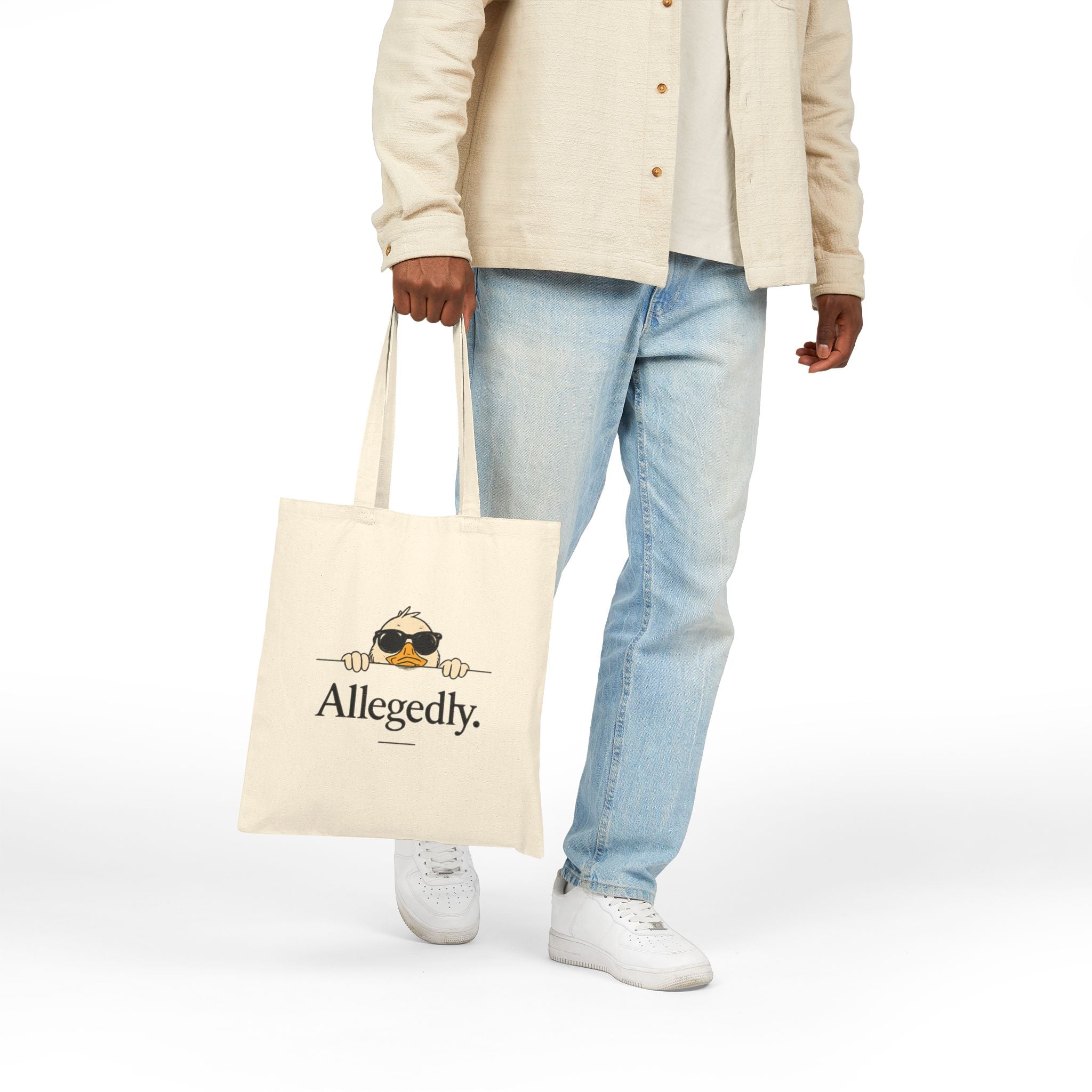 Canvas Tote Bag — "Properly Sorted." / "Allegedly." Desk Sloth Illustration