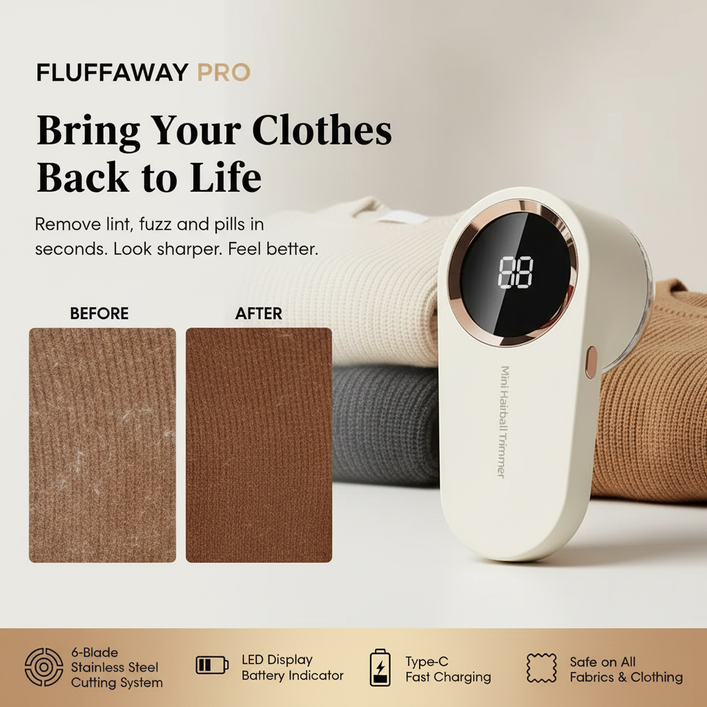 Fluffaway Pro lint remover with before and after images of clothing on a neutral background