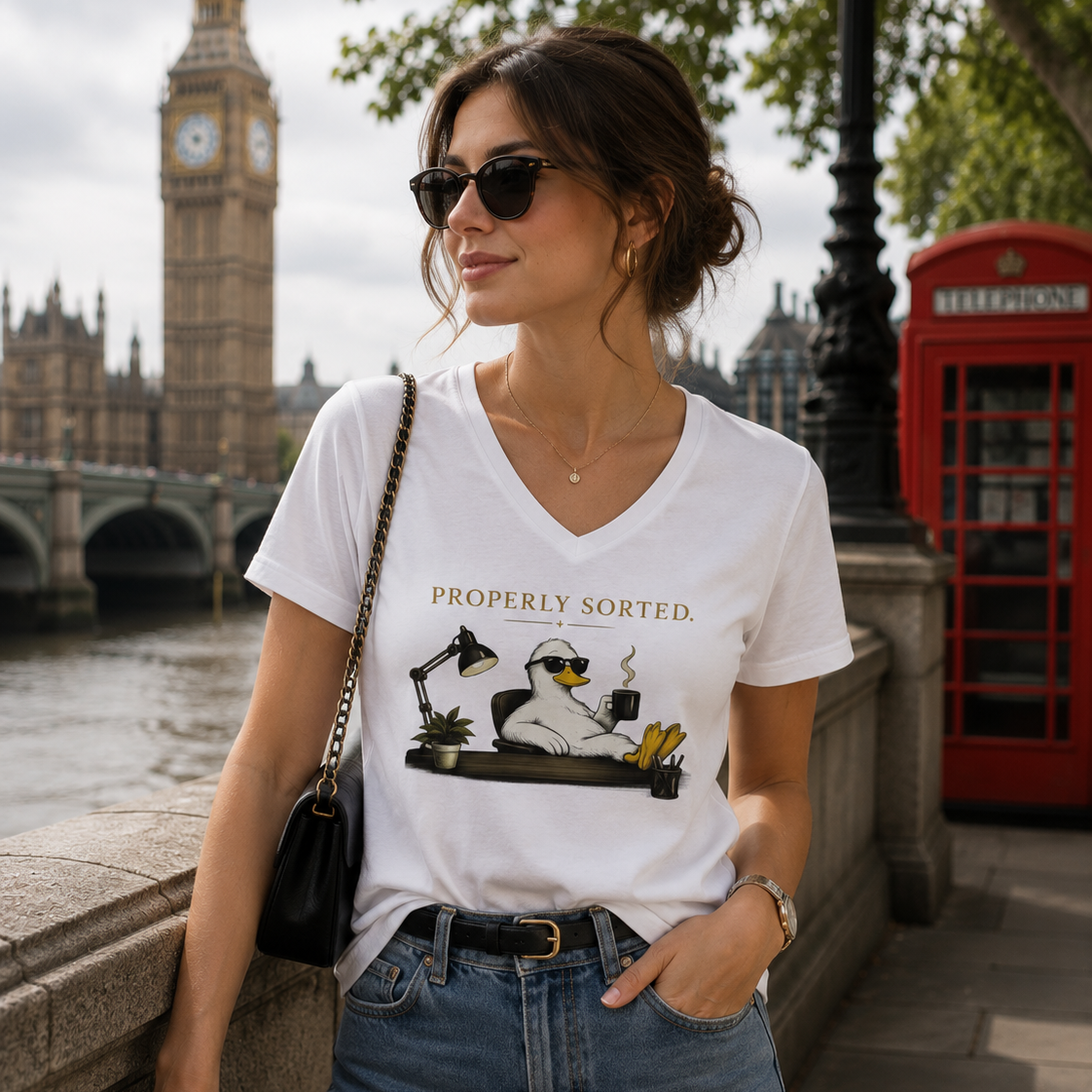 Woman wearing a white t-shirt with a graphic design in front of Big Ben and a red phone booth.